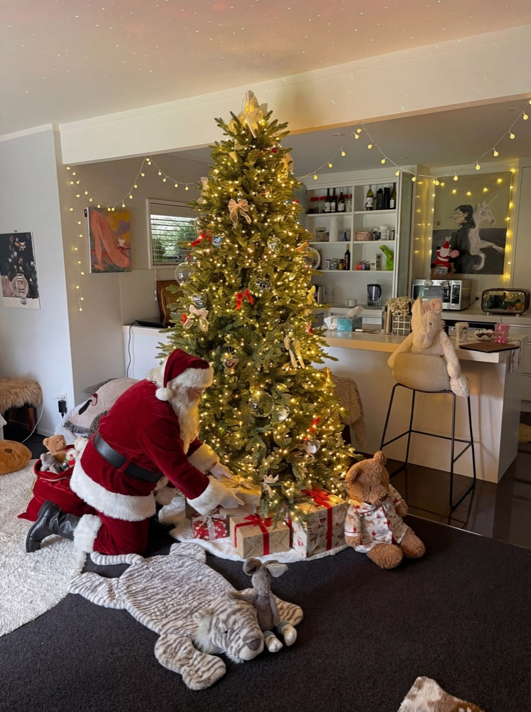 Santa putting present under the tree
